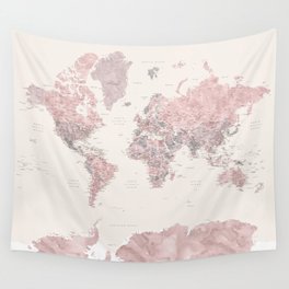 Dusty pink and cream watercolor detailed world map Madelia Wall Tapestry