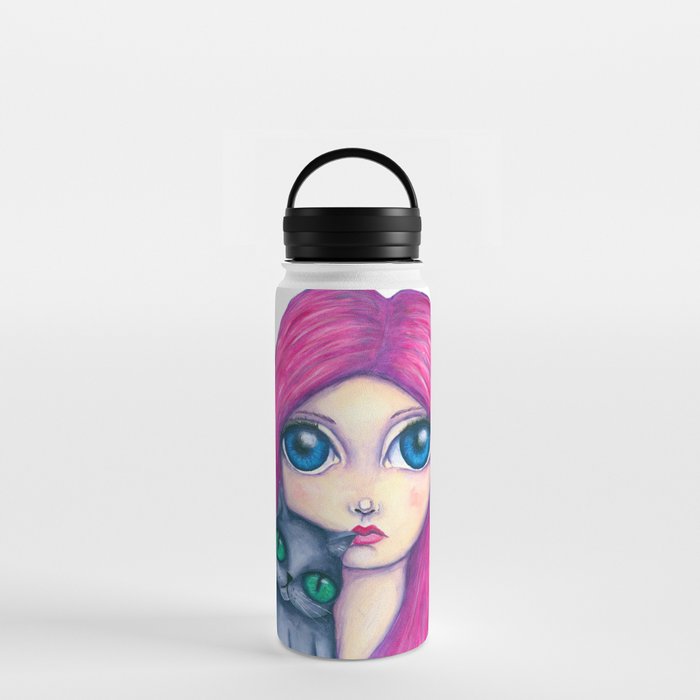 Big eyes girl with pink hair and her cat compangnon Water Bottle by  Lenaliluna