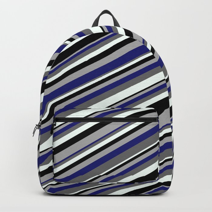 Eye-catching Dark Grey, Midnight Blue, Dim Gray, Mint Cream & Black Colored Pattern of Stripes Backpack