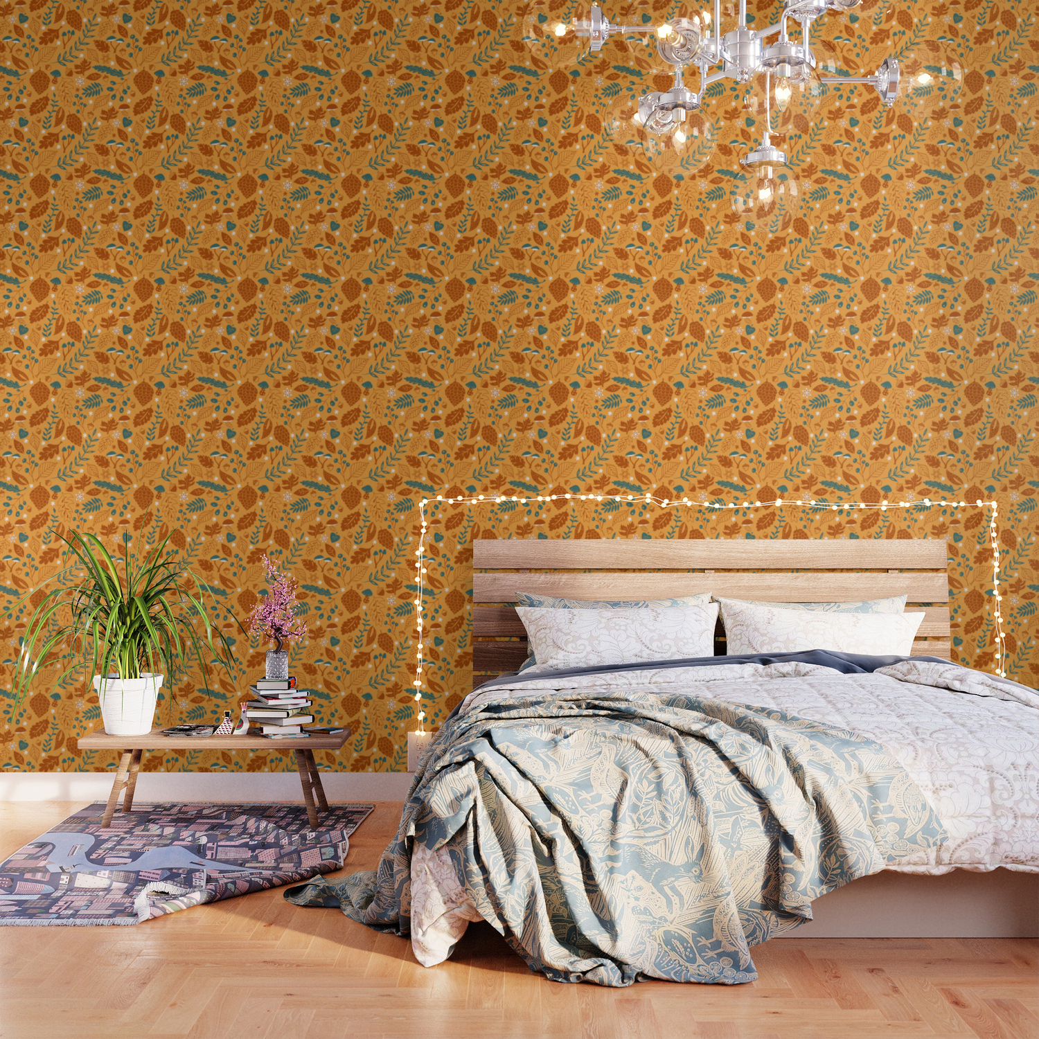 Fall Foliage In Yellow Terracotta And Blue Wallpaper By