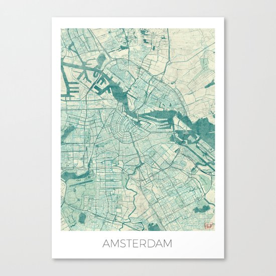Amsterdam Map Blue Vintage Canvas Print