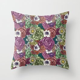 Vintage Inspired Floral Pattern with Peonies, Roses, Anemones, and Decorative Lettuce Throw Pillow