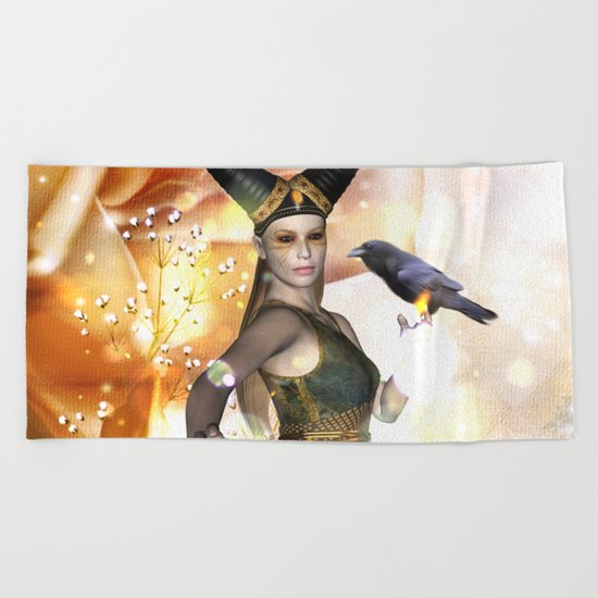 Beautiful dark fairy with crow Beach Towel