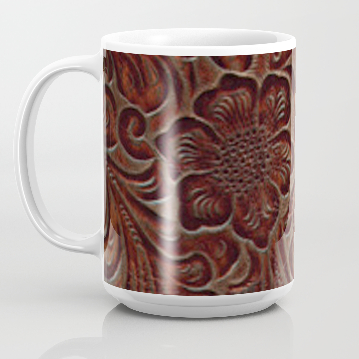 Burnished Rich Brown Tooled Leather, Leather Coffee Mug