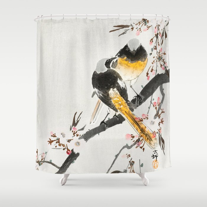 Ohara Koson - Yellow-Black Birds Sittting On Cherry Tree -  Vintage Japanese Woodblock Print Shower Curtain