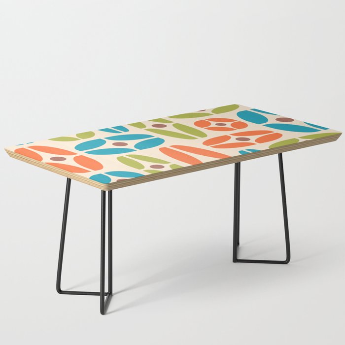 Mid Century Modern Geometric Abstract 821 Brown Orange Olive Green, Cyan Blue and Beige Coffee Table
