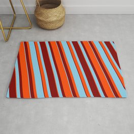[ Thumbnail: Sky Blue, Red, and Maroon Colored Pattern of Stripes Rug ]