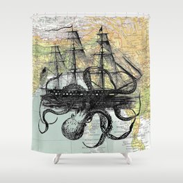 Octopus Attacks Ship on map background Shower Curtain