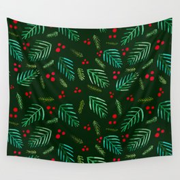 Christmas tree branches and berries - green Wall Tapestry