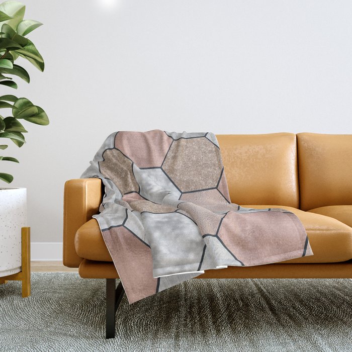 Marble hexagons and rose gold on black Throw Blanket