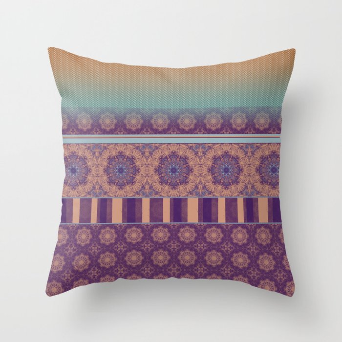 Purple Teal Orange Boho Mandala Tile Ombre Mixed Pattern Throw Pillow