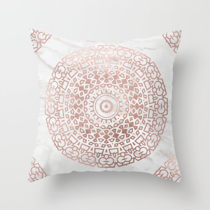 Marble Mandala Beaded Rose Gold On White Throw Pillow By