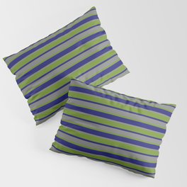 [ Thumbnail: Midnight Blue, Grey & Green Colored Lines/Stripes Pattern Pillow Sham ]