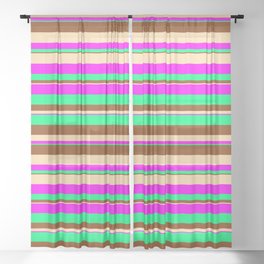 [ Thumbnail: Tan, Fuchsia, Green & Brown Colored Striped Pattern Sheer Curtain ]