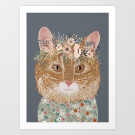 Red hair cat with flower crown Art Print