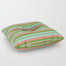 [ Thumbnail: Salmon, Green & Aquamarine Colored Stripes/Lines Pattern Floor Pillow ]