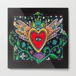 Mexican Heart Folk Art Metal Print | Black, Red, Mexican, Painting, Milagro, Hands, Heart, Mexico, Evileye, Floral 