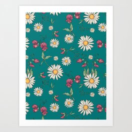 Floral pattern with daisies and sweet pea, on teal Art Print