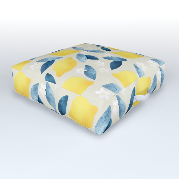 Lemons and Blue Leaves Pattern Outdoor Floor Cushion