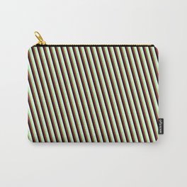 [ Thumbnail: Green, Brown, Black & White Colored Stripes Pattern Carry-All Pouch ]