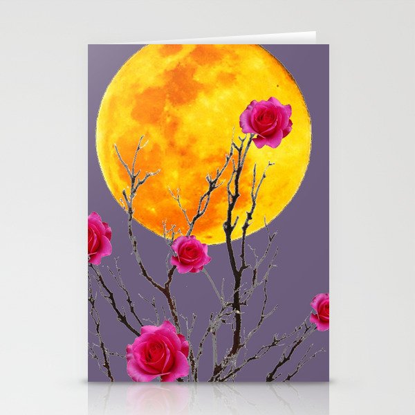 SURREAL FULL MOON & PINK WINTER ROSES Stationery Cards