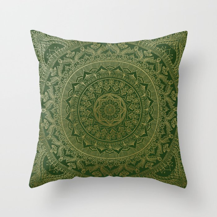 Mandala Royal - Green and Gold Throw Pillow