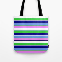 [ Thumbnail: Cornflower Blue, Lime Green, Violet, Dark Blue & White Colored Stripes/Lines Pattern Tote Bag ]
