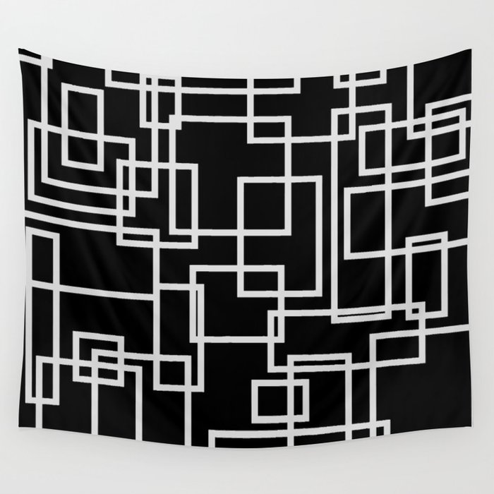 Geometric Cubic Line Pattern Black And White Wall Tapestry