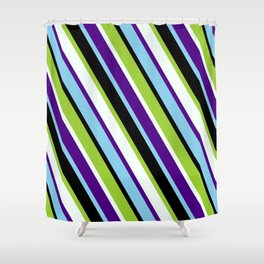 [ Thumbnail: Colorful Green, Mint Cream, Indigo, Sky Blue & Black Colored Lines/Stripes Pattern Shower Curtain ]