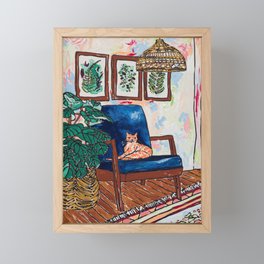 Ginger Cat on Blue Mid Century Chair Painting Framed Mini Art Print