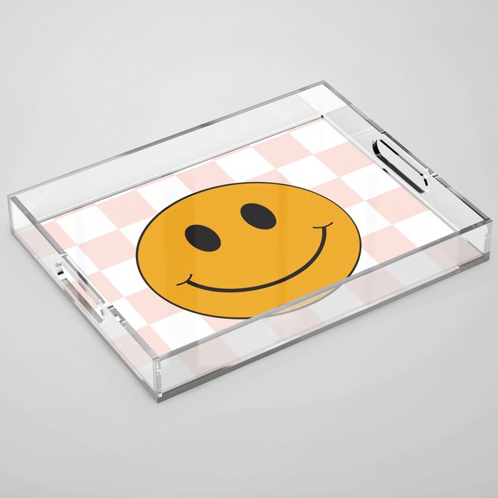 Smiley Face Pink & White Checker Pattern Acrylic Tray