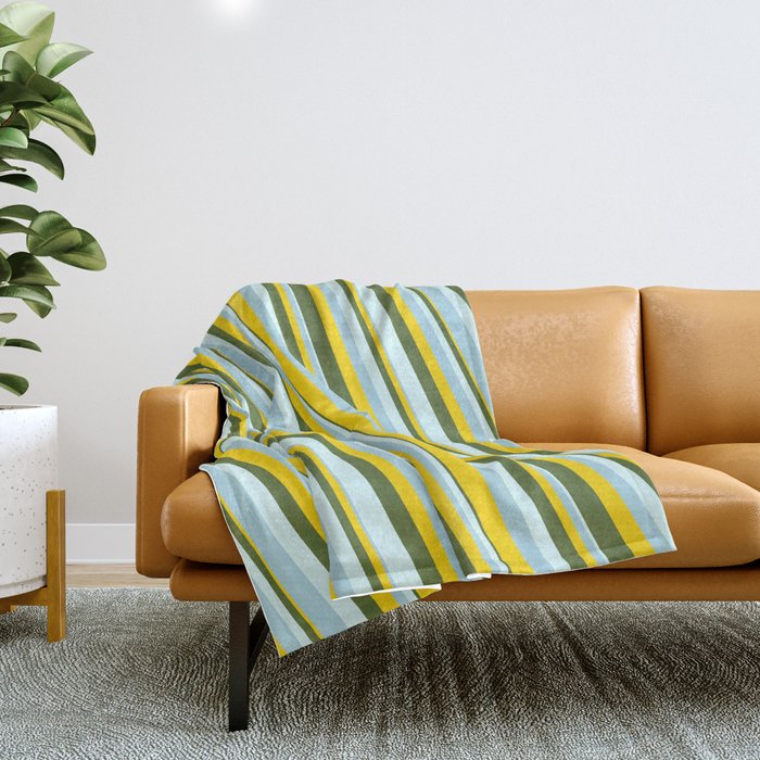 Light Blue, Yellow, Dark Olive Green & Light Cyan Colored Lined/Striped Pattern Throw Blanket