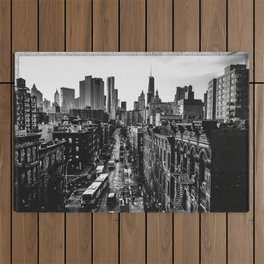 New York City skyline and Chinatown neighborhood in Manhattan black and white Outdoor Rug