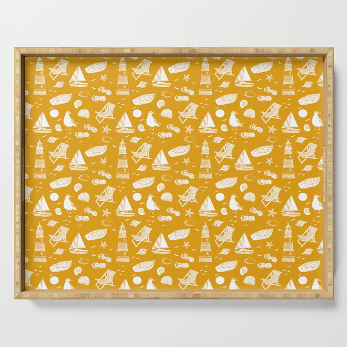 Mustard And White Summer Beach Elements Pattern Serving Tray