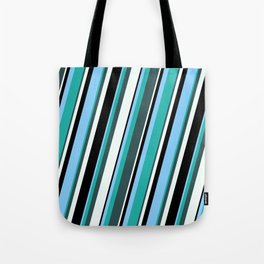 [ Thumbnail: Light Sky Blue, Light Sea Green, Dark Slate Gray, Mint Cream, and Black Colored Pattern of Stripes Tote Bag ]