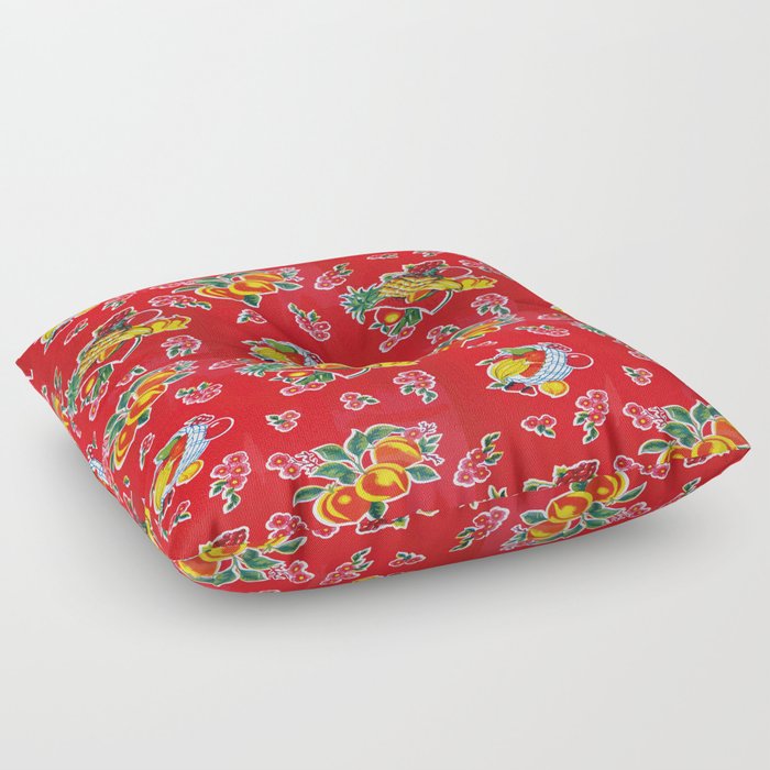 Peaches Red Mexican Fabric Vibrant Oilcloth Floor Pillow