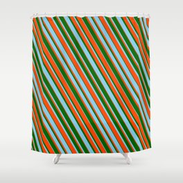 [ Thumbnail: Dark Green, Sky Blue, and Red Colored Striped Pattern Shower Curtain ]