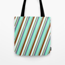 [ Thumbnail: Light Slate Gray, Aquamarine, Brown & Mint Cream Colored Stripes/Lines Pattern Tote Bag ]