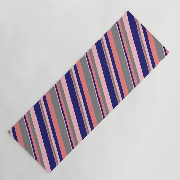 Light Coral, Gray, Pink & Midnight Blue Colored Stripes Pattern Yoga Mat