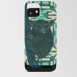 Bush baby sitting on tree stump with light green pattern background iPhone Card Case