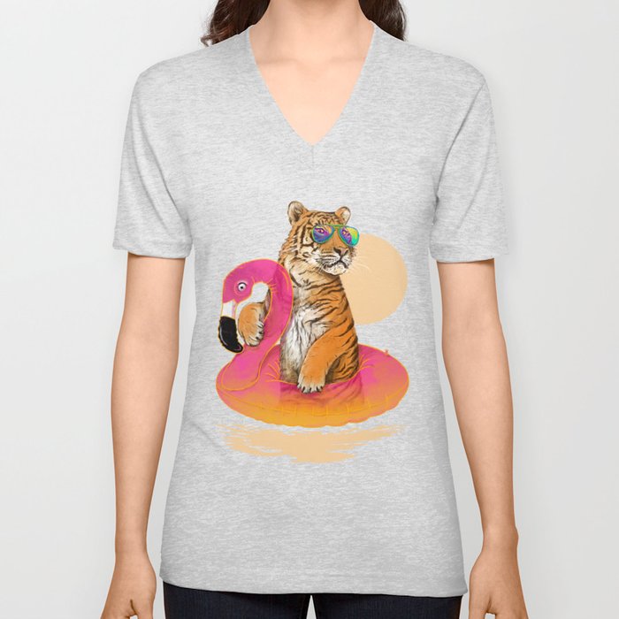 Chillin (Flamingo Tiger) V Neck T Shirt by 38 Sunsets | Society6