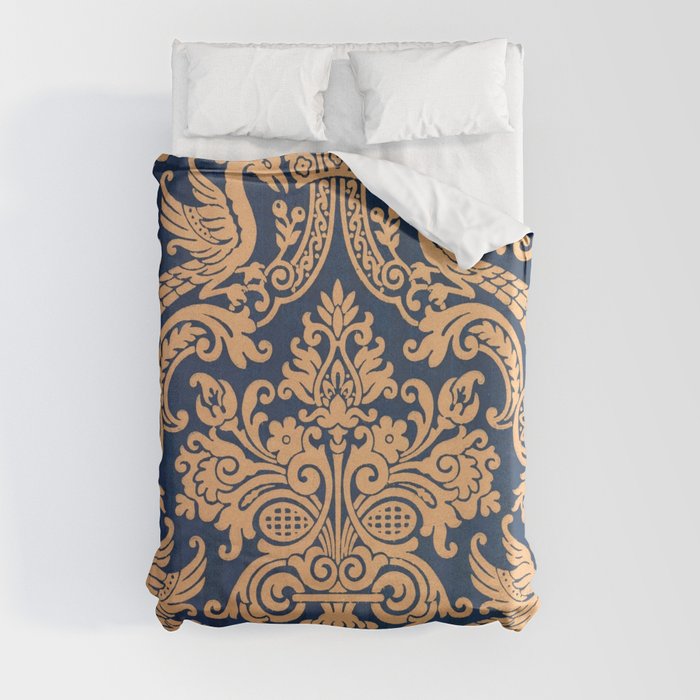 Fashion Pattern Gold and Blue Bird Foliage Leaves Duvet Cover