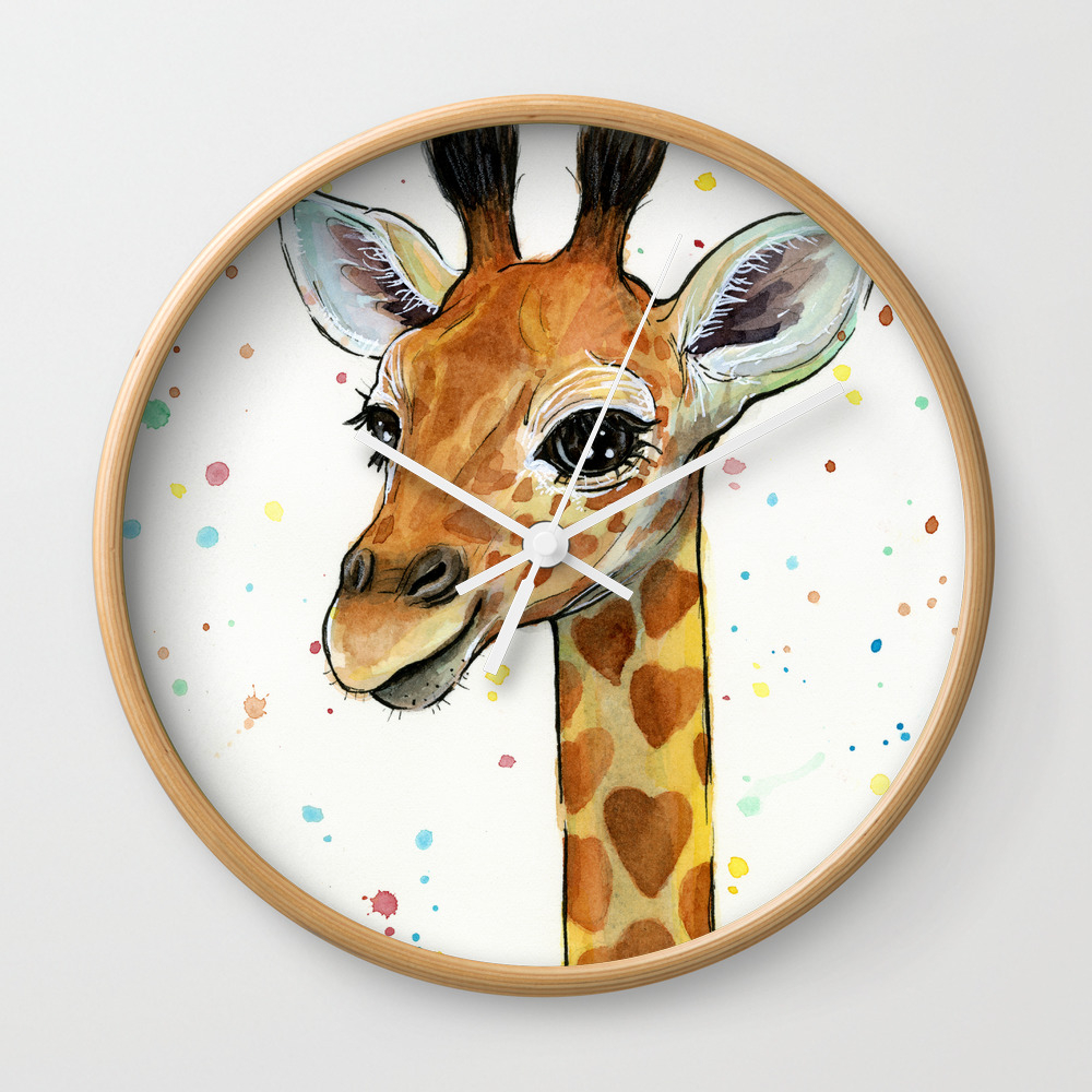 Baby Giraffe Nursery Print Watercolor Animal Portrait Hearts Wall Clock By Art Prints Society6 Baby Giraffe Nursery Print Watercolor