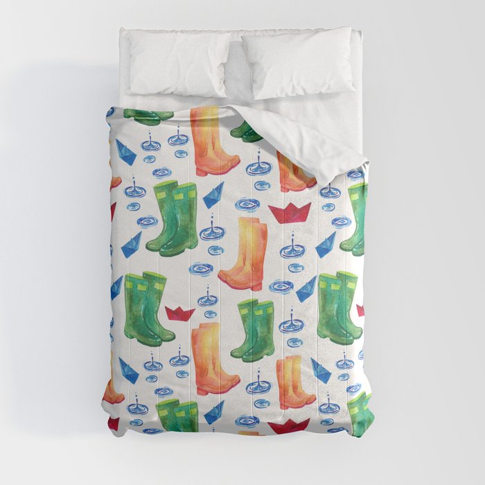 Colorful orange blue green watercolor cute wellies boots Comforter