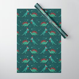 Cute Christmas Dinosaurs Dinos Dinosaur Wrapping Paper | Fun, Dinos, Illustration, Painting, Holiday, Dinosaurs, Teal, Santa, Festive, Dino 