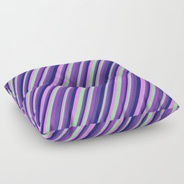 [ Thumbnail: Colorful Light Green, Dark Orchid, Dark Slate Blue, Midnight Blue, Violet Colored Striped Pattern Floor Pillow ]