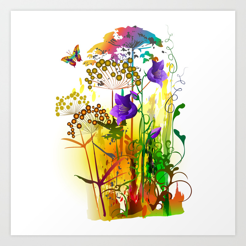 Tropical Floral Colorful Painting With Field Plants Flowers And