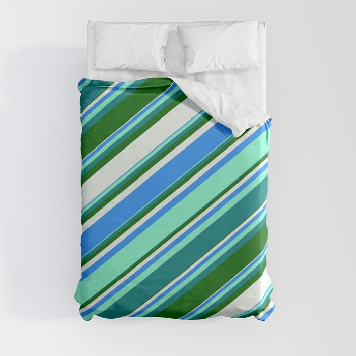 Colorful Blue, Aquamarine, Teal, Dark Green, and Mint Cream Colored Lines/Stripes Pattern Duvet Cover