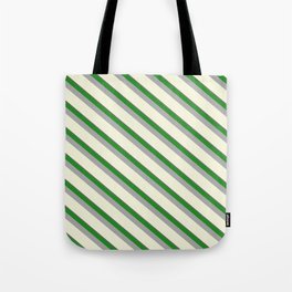 [ Thumbnail: Dim Grey, Forest Green, Dark Gray & Beige Colored Pattern of Stripes Tote Bag ]