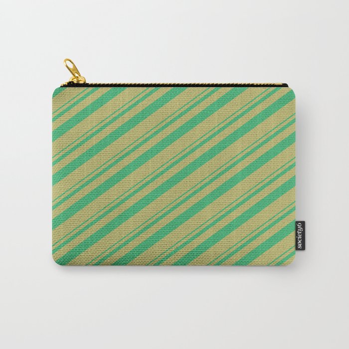 Sea Green and Dark Khaki Colored Lined/Striped Pattern Carry-All Pouch